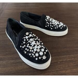Stuart Weitzman Shoes Womens Size 9 Black Suede Slip On Pearl Rhinestone Sneaker